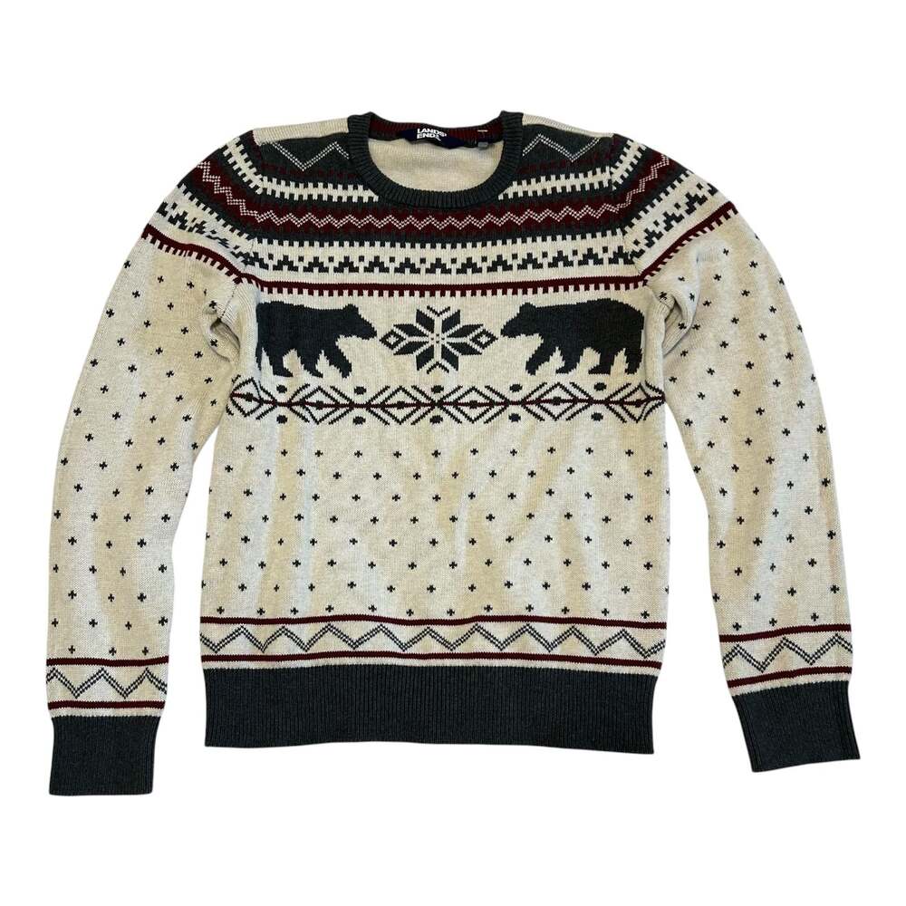 Lands' End Fair Isle Bears Holiday Sweater Size Medium Cream Gray